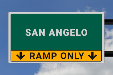 San Angelo logo. San Angelo lettering on a road sign. Signpost at entrance to San Angelo, USA. Green pointer in American style. Road sign in the United States of America. Sky in background