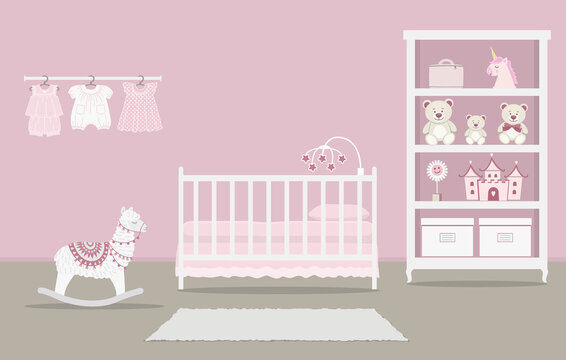 Kid's room for a newborn baby. Interior bedroom for a baby in a pink color. There is a cot, a wardrobe with toys, baby clothes, a rocking llama and other things in the picture. Vector illustration