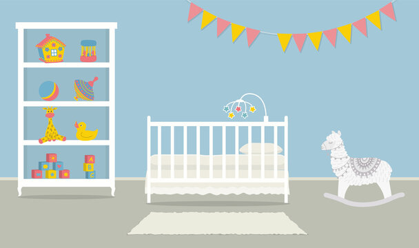 Kid's room for a newborn baby. Interior bedroom for a baby in a blue color. There is a cot, a wardrobe with toys, a rocking llama and other things in the picture. Vector illustration