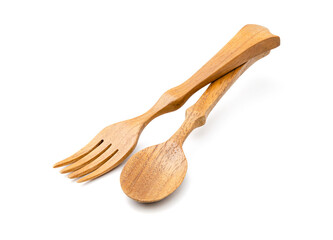Handmade Wooden Spoon add fork isolated on white background, The spoon is made of teak, Tectona grandis