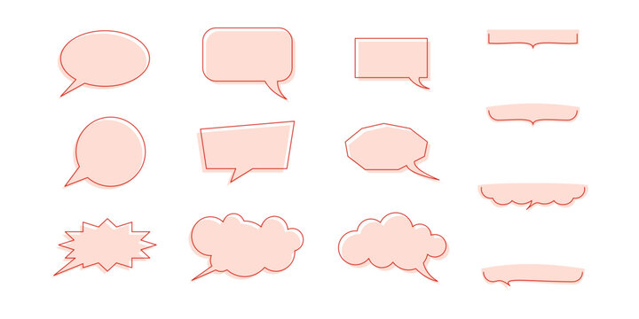 Puste komiksowe dymki czatu. Koralowe bańki rozmowy, bąbelki dialogowe, kolekcja konwersacyjnych balonik&oacute;w, chmurki mowy i myśli. Dialog, rozmowa, dyskusja, komunikat, plotki.