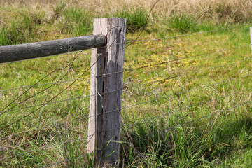 wooden and wire fence in field