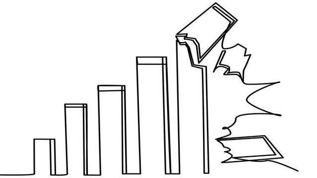 Self-drawing of collapsing columns with one line. Animation of a sharp crisis on a marketing bar. 4k whiteboard video for a presentation about the onset of the crisis and depreciation.