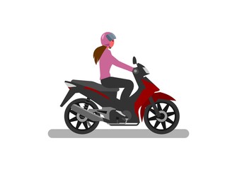 Fototapeta na wymiar Young woman riding motorcycle. Side view. Simple flat illustration. 