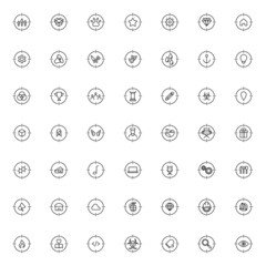 Simple black and white illustration perfect for web sites, advertisement, books, articles. Line icon collection with vector icons of winner cup, box, paw, gear, house, arrows inside of target
