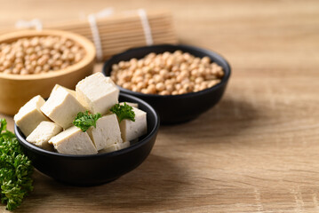 Homemade tofu with soybean seed, Vegan food ingredients in Asian cuisine, Plant based