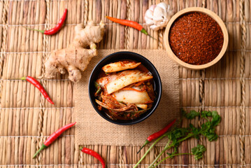 Kimchi cabbage in bowl, Korean homemade fermented side dish food