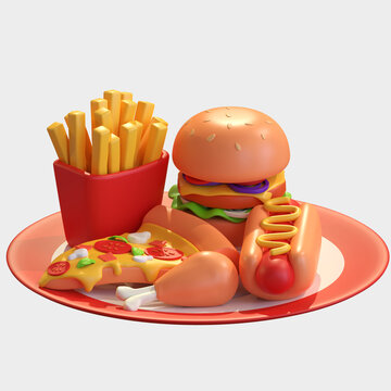 fast food menu in plate 3d illustration icon