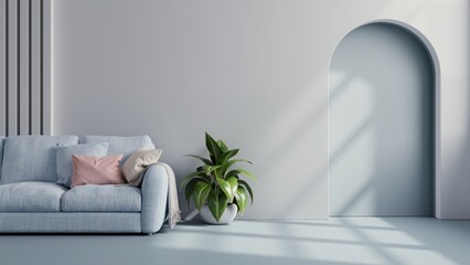 Blue sofa with plant on white wall and blue flooring.