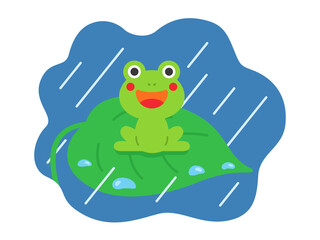 雨の日に、葉っぱの上にいる、カエルのイラスト