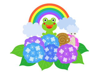 アジサイの花の上にいる、カエルとカタツムリのイラスト