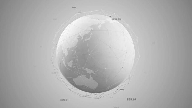 Clean white earth globe with wireframe global network connection data transfer, 3D rendering digital information visualization around world map design for communication business technology.