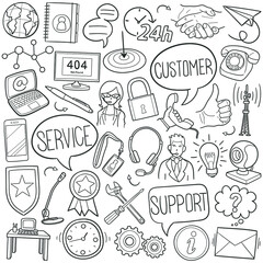 Customer Service Doodle Icons. Hand Made Line Art. Support Clipart Logotype Symbol Design.