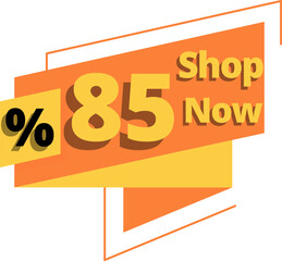 85% off, shop now orange chat bubble with yellow and online discount design