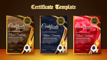 Soccer Game Certificate Diploma With Golden Cup Set Vector. Football. Sport Award Template. Achievement Design © dony