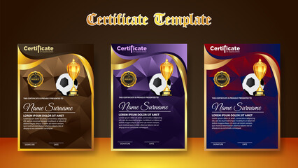 Soccer Game Certificate Diploma With Golden Cup Set Vector. Football. Sport Award Template. Achievement Design