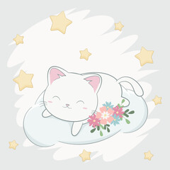 Uroczy biały kotek leżący na chmurce. Wektorowa ilustracja zadowolonego, małego kota. Słodki, uroczy zwierzak.