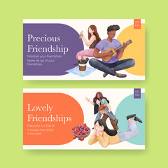 Twitter template with friendship memories concept,watercolor style