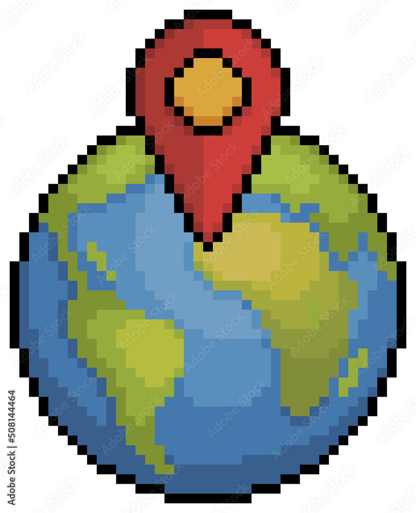 Poster pixel art earth globe with gps location icon vector for 8bit game on white background