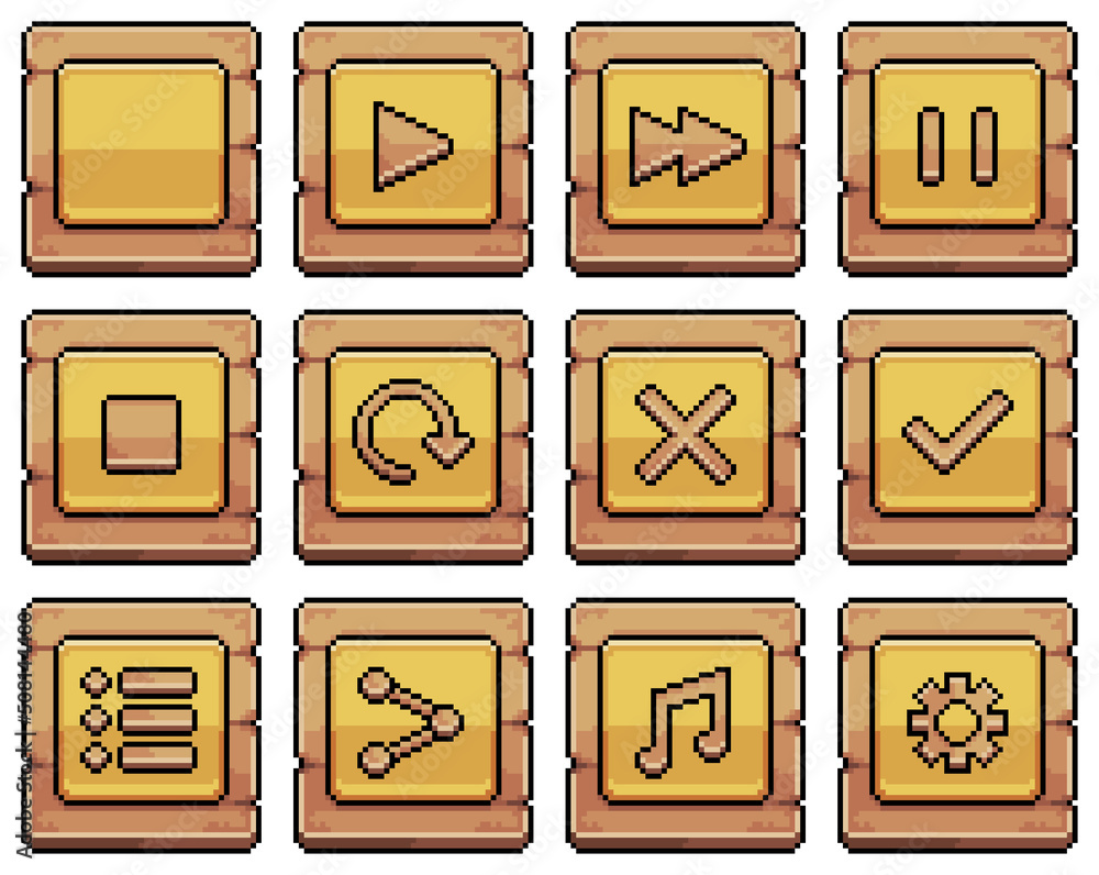 Fototapete pixel art wooden buttons for game and app interface vector icon for 8bit game on white background