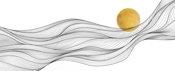 Abstract elegant background with art line style waves and golden sun. Hand drawn banner for decoration design, wallpaper, packaging, print