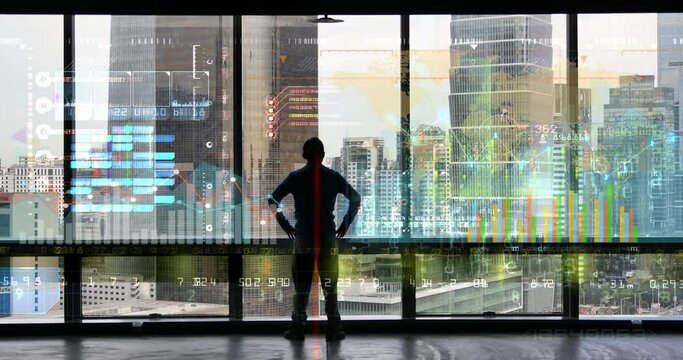4k businessman back raising victory arm;Overlooking the urban from window.financial chart;Business tech digital Data trend hud Graph;Changing Economic node line;Digital Tableau of Stock Market Values.