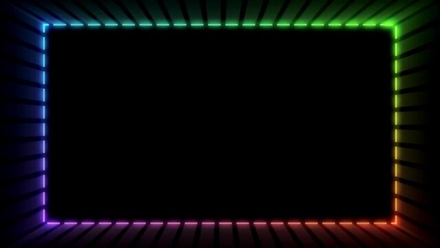 Neon colorful rectangular frame with shining effects on black background with copy space. Dashed line squares. Cut lines. Square cutout forms. Seamless looping. Video animated background.