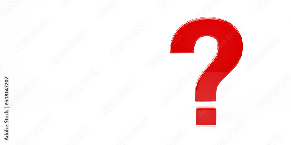 Poster 3d rendering, 3d illustration. red question marks icon isolated on white background. faq and qa conc