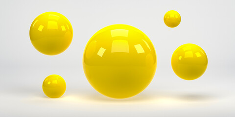 3D rendering, 3D illustration. Flying yellow spheres ball on white background. Minimal concept.