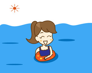 夏に海・プール・リゾート施設などで楽しそうに水着を着て浮き輪でぷかぷかしている女性の手書きイラスト
