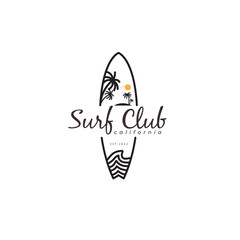 surfboard with surf club logo design vector illustration template - obrazy, fototapety, plakaty