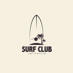 surfboard surf club vacation beach waves coconut tree logo vector icon symbol illustration design