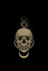 Skull head surrounded by snakes and a glowing moon artwork illustration