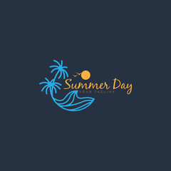 summer vacation logo  beach  waves  coconut tree vector icon symbol illustration design
