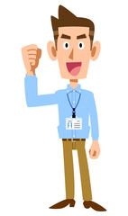 社員証を付け、ガッツポーズする水色のシャツを着た男性
