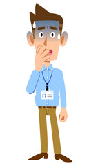 社員証を付け、青ざめた表情の水色のシャツを着た男性
