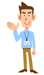 社員証を付け、手のひらで案内する水色のシャツを着た男性
