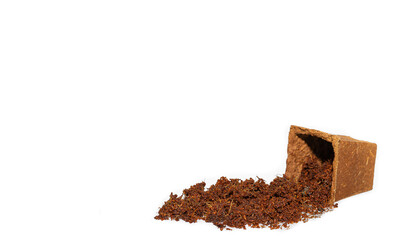 A brown seeding fibre pots and coconut coir isolated on white background.