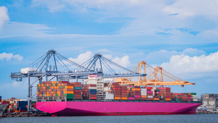 Aerial top view containers ship cargo business commercial logistic and transportation international import export by container freight cargo ship in the open seaport show ocean network on map