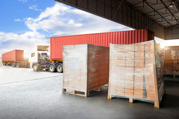 Packaging Boxes Wrapped Plastic Stacked on Pallets Loading into Cargo Container. Loading Dock Shipping Trucks. Supply Chain. Shipment Boxes. Distribution Warehouse Freight Truck Transport Logistics