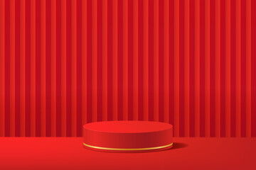 Red abstract 3d geometric shape background with a modern red round podium for display product