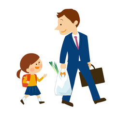 一緒に帰る小学生と仕事帰りのお父さん