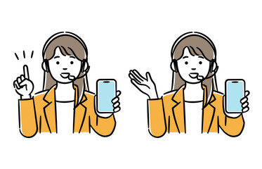 スマホを持って説明するコールセンターの女性のシンプルイラストセット