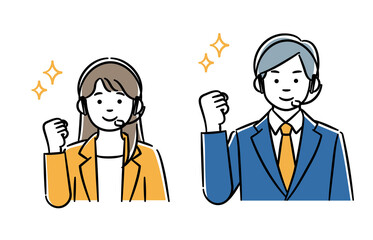 ガッツポーズをするコールセンター男女のシンプルイラストセット