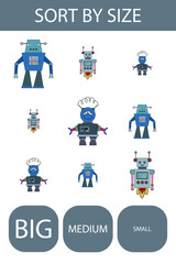 Fototapeta premium Match the robots by size large, medium and small. Children's educational game. 