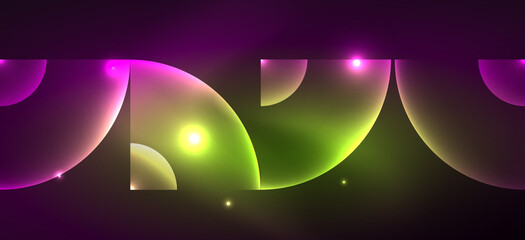 Shiny neon geometric abstract background. Glowing lights on round shapes, triangles and circles. Wallpaper for concept of AI technology, blockchain, communication, 5G, science, business
