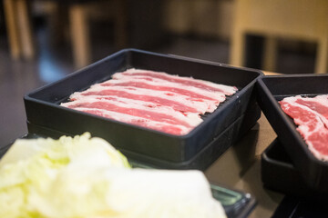Thinly sliced meat for traditional Japanese hot pot, shabu-shabu, sukiyaki.