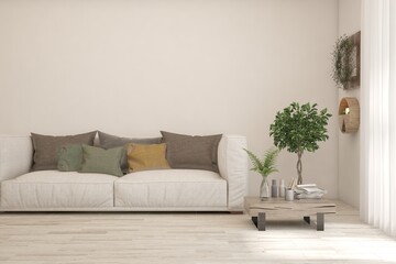 White living room with sofa. Scandinavian interior design. 3D illustration