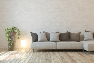 Soft color living room with sofa. Scandinavian interior design. 3D illustration