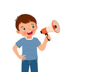 cute little boy holding megaphone speaking and shouting making announcement